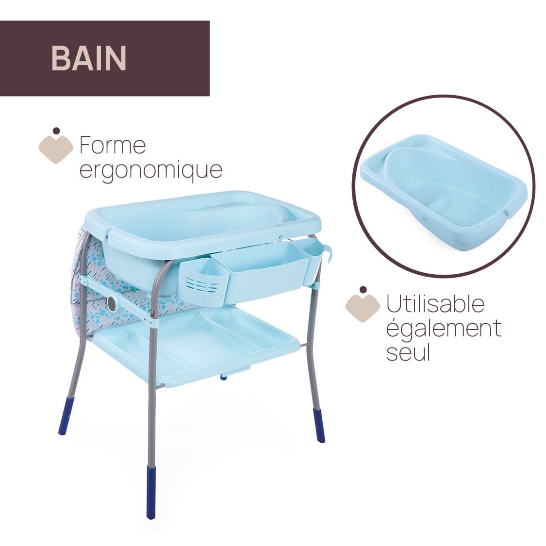 Chicco Cuddle & Bubble Bañera Bebé Ergonómica con Patas y Cambiador con Acolchado y Suave Reductor, Altura Regulable, Cierre Compacto, Organizador, Ocean Máx. 11 Kg