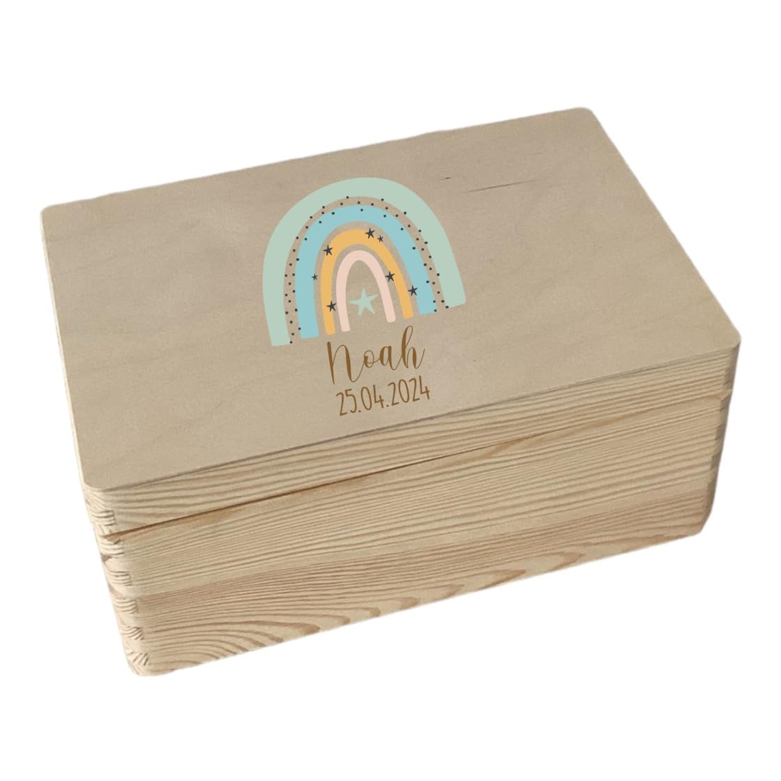 minimutz Erinnerungsbox Baby - Personalisiert mit Name - Erinnerungsbox mit Regenbogen Sterne und Gravur - Holzbox mit Deckel L (40x30x13,5 cm)