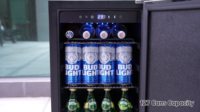 Image of 15 Inch Outdoor Beverage Refrigerator Cooler,Stainless Steel 127 Cans Beverage Fridge with French Door Under Counter Built-in or Freestanding, Perfect for Beer, Cola