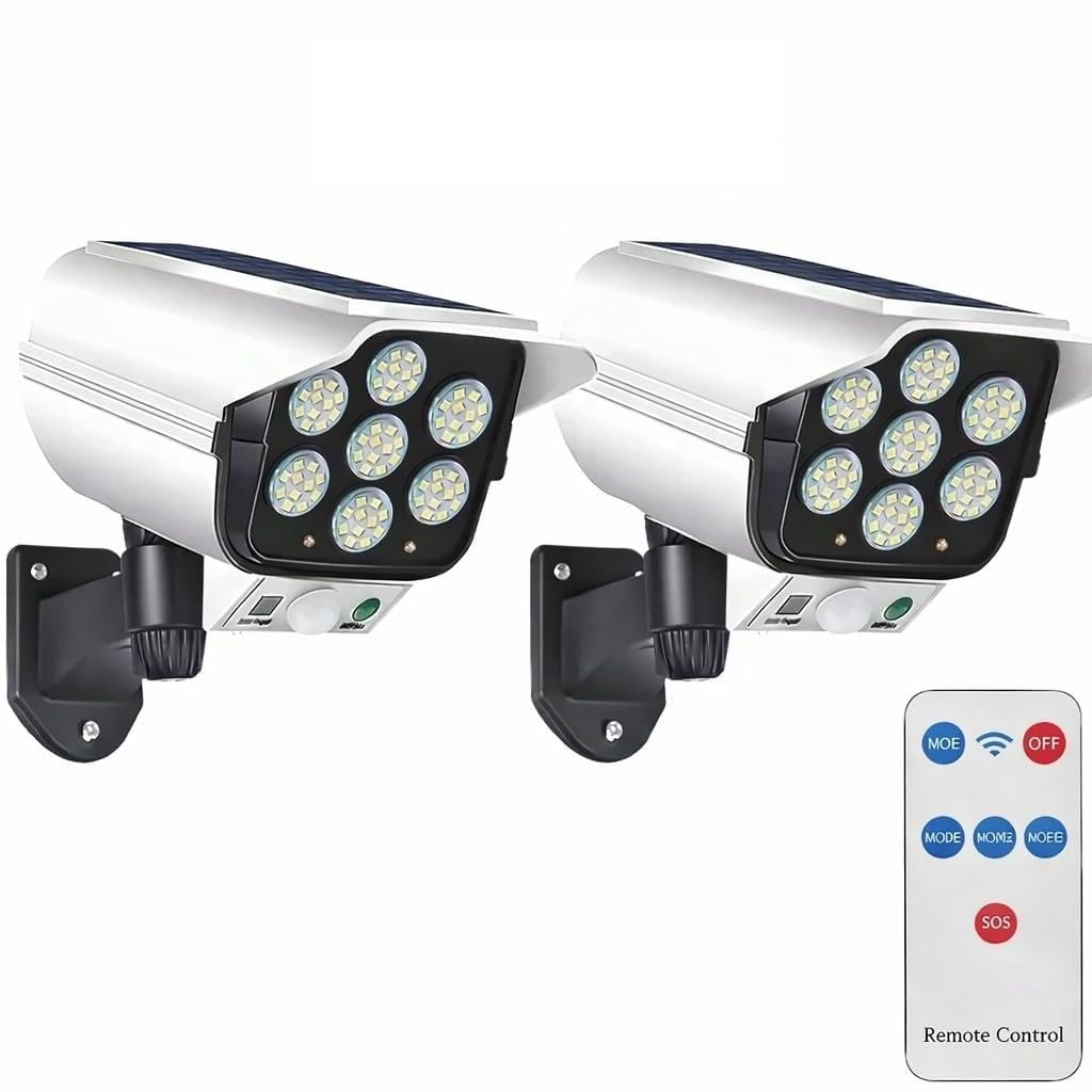 Solar Security Light with Motion Sensor, Dummy CCTV Style Design, Remote Control, IP65 Waterproof, Solar Powered Wireless LED Wall Light for Home, Garden, Garage, Gate & Driveway (Pack of 2, White)-image-28
