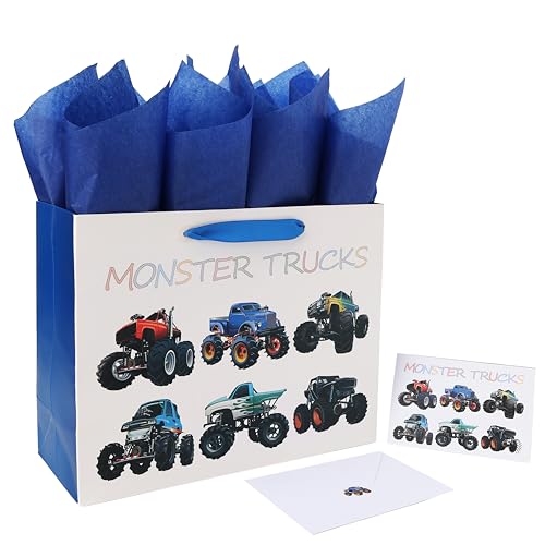 13 Large Birthday Gift Bags Set with Greeting Card and Tissue Paper (Monster Trucks Design) for boys Kids Baby boy Baby Shower Newborn New Moms or Parents -13x5.2x10.2 1 Pcs