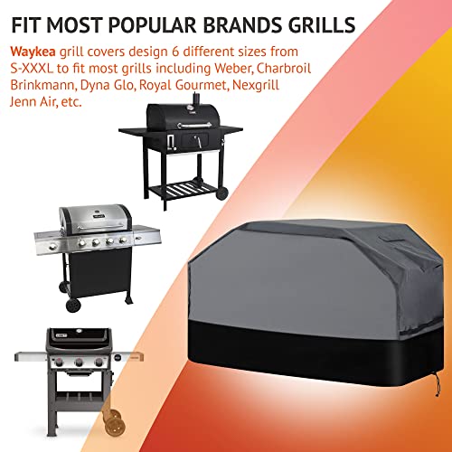 Waykea Heavy Duty Grill Cover 76 Inch, 600D Oxford Water Resistant UV & Fade Resistant BBQ Cover for Weber Char-Broil Dyna Glo Nexgrill Charcoal Gas Grill (76”W x 28”D x 46”H, Gray/Black)