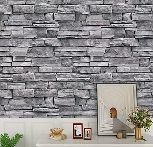 auxua Brick Wallpaper Peel and Stick for Bathroom Bedroom,Faux 3D Brick Waterproof Grey Wall Paper Self Adhesive,Removable Vintage Stone Contact Vinyl Gray Wallpaper (11.81"*118")