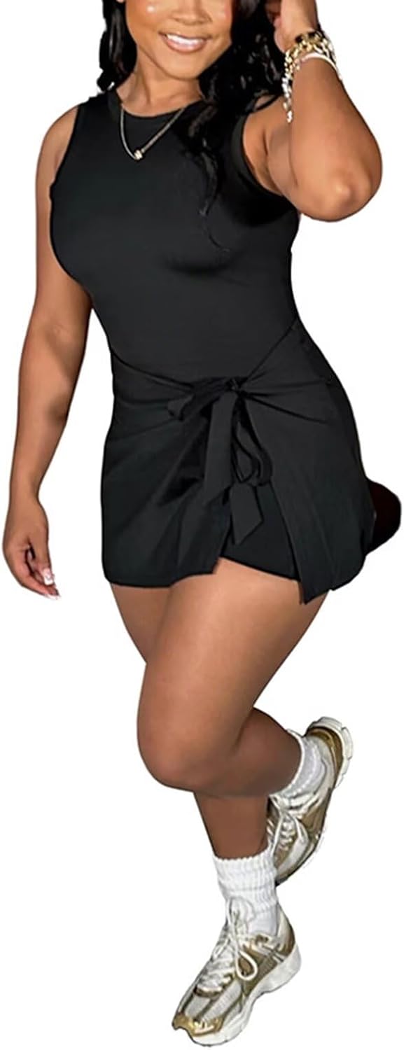 acelyn Women Summer 2 Piece Outfits Sleeveless Bodycon Tie Waist Romper Shorts Mini Dress Athletic Vacation Jumpsuit Sets