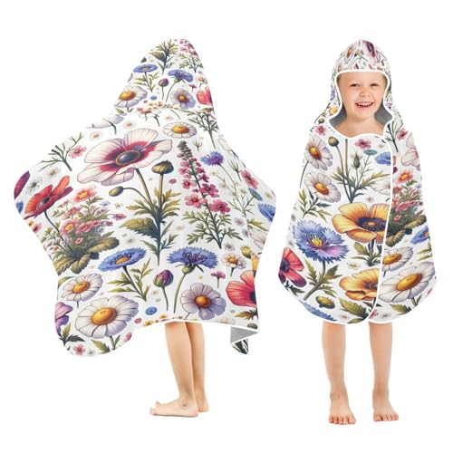 Kigai Colorful Flowers Hooded Beach Towel for Kids Soft Absorbent Quick Dry Bath Towel with Hood Lightweight Toddler Shower Pool Bath Wrap for Boys Girls