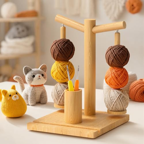 Image of Hangerspace Wooden Yarn Holder for Crocheting and Knitting | Upgraded Magnetic Rotating Yarn Spinner with 2 Spindles, Perfect Gift for Knitters and Crocheters
