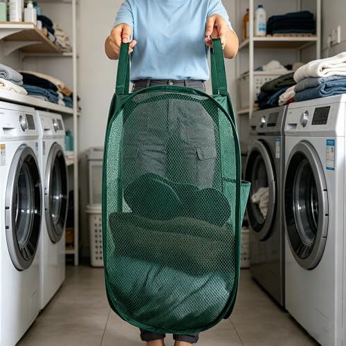 Image of Larpur Pop Up Laundry Hamper Collapsible Mesh Clothes Basket, Dark Green | Portable Laundry Hamper Foldable Dirty Clothes Hamper Storage for Home, Dorm, Travel, Cruise