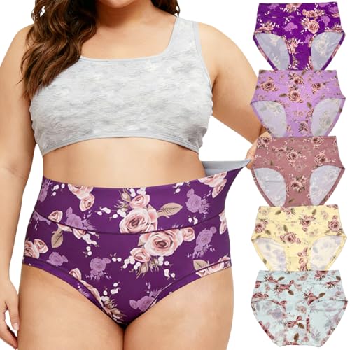 Feihtl Women's Briefs Underwear Plus Size Panties Floral Print 5 Pack Briefs Plus Underwear Ladies...
