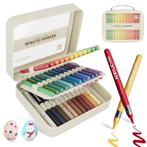 Image of MemOffice Direct Liquid Acrylic Paint Markers, 48 Colors Brush Tip Pens with Carrying Case, No Bleed, Waterproof, for Rock, Wood, Canvas, Glass, Fabric, DIY Crafts for Adults