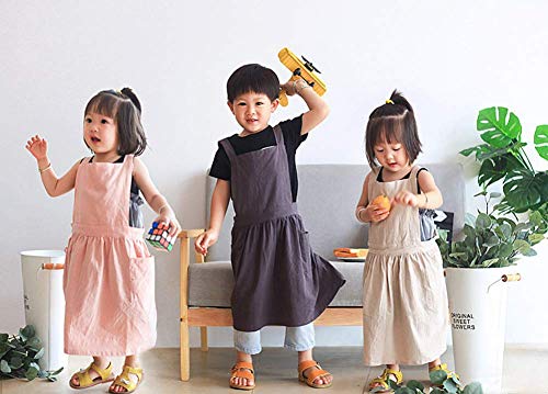 Losofar Children Cotton Apron Japanese Style Bib Home Clothes Painting Soft Comfort Pinafore Apron For Girls Boys (Khaki, 23.2"X25.9") #TOP6