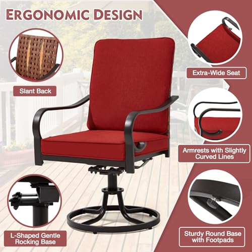 MELLCOM Patio Swivel Chair Set of 2, Outdoor Dining Chairs with Thickened Cushions, Leather-Look Wicker Chairs with Gentle Rocker for Porch, Garden, Backyard, Poolside, Deck, Red - Thumbnail 5