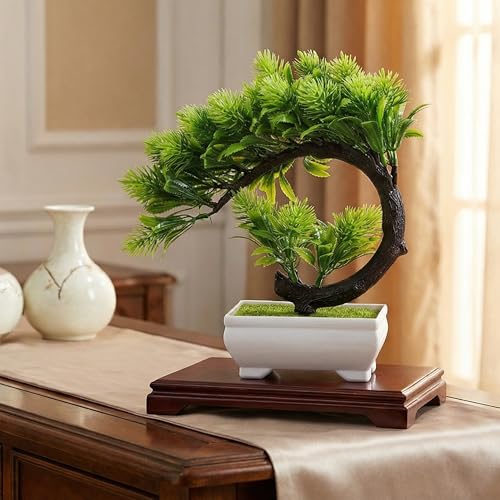 Image of Dekorly Artificial Fake Bonsai Potted Japanese Pine Bookshelf Decor, Artificial Bonsai Plant for Office Tabletop Decor | Indoor Cabinet Decoration | C Shape Plant (Green-2D, Height : Upto 22CM)