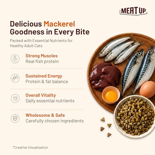 Image of Meat Up Adult Dry Cat Food Total 2.4Kg | Mackerel Flavour | Supports Urinary pH Balance | Reduces Hairball Formation | Promotes Skin & Coat Health | Taurine for Cardiac Support