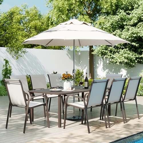HAPPATIO Outdoor Patio Dining Set 8 Quick Dry Textilene Dining Chairs and Dining Table with Umbrella Hole Stackable Textilene Chairs for Garden Patio and Poolside Backyard Light Grey