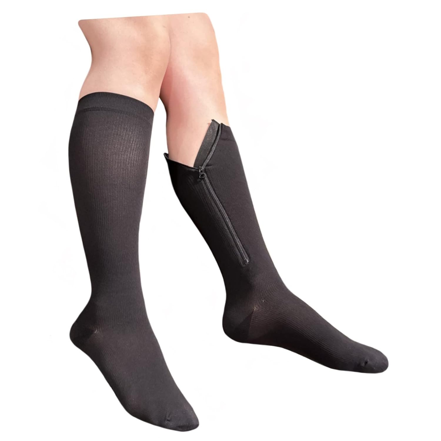 Inside Leg Zipper 20-30 mmHg Compression Grade Calf Closed Toe Socks (Black, Small-Medium)