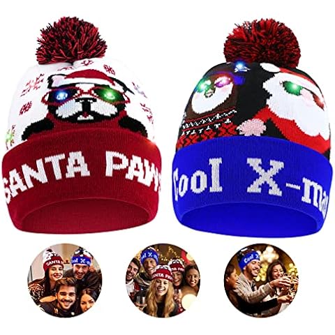 2 Pack Christmas Beany Hats for Kids Women Men, AIMMIE Led Christmas Beanie Hat Led Light Up Xmas Hat Knit Christmas Cap with 6 Lights Xmas Beanie Glowing Cap Christmas Beanie Hat for New Year Party Cover