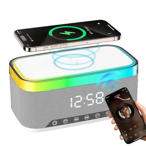 SUNOYA Digitaler Radiowecker mit Kabelloser Ladestation, Bluetooth-Audio-Wecker, Digitaler Wecker, Wecker Digital, Digitalwecker mit Licht, Kabelloses Ladegerät für Schlafzimmer und Nachttisch