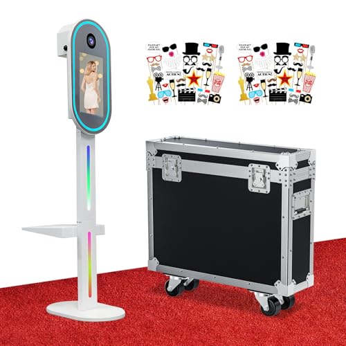 Mirror Photo Booth Machine with 15.6'' Touch Screen Mirror Photo Booth Machine with Flight Case,Built-in Mini PC APP Remote Control RGB Light for Party Events Wedding Rental (White)