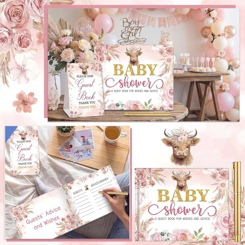 Image of Fuyoooo 27 Pcs Highland Cow Baby Shower Guest Book Set Baby Shower Sign in Guest Holy Cow Book Place Table Cards with Gold Pen Adhesive Photo Corner for Birthday Party