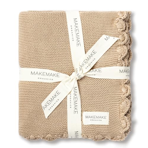 Image of MakeMake Organics GOTS Certified Organic Cotton Baby Blanket - Newborn Modern Knit, Breathable Unisex Stroller Blanket for Boys and Girls (30x40, Sand)