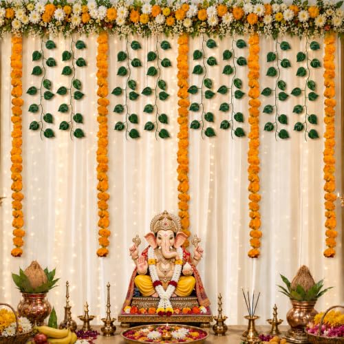 Party Propz White Ganpati Decoration Setup for Home -13Pcs Ganesh Chaturthi Decoration Backdrop with Marigold & Artificial Leaves, Varamahalakshmi Decorative Items, Janmashtami, Haldi Decoration Items