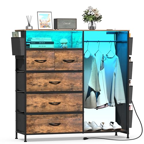 Image of Espelism Dresser for Bedroom with Clothes Rack Side Pockets 5 Drawer Dresser with Charging Station LED Lights Black Storage Chest of Drawers for Hallway Closet Sturdy Steel Frame Wood Top (Brown)