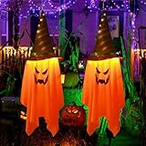 Decoración Halloween Fantasmas Exterior Interior, 2 Pcs Fantasmas Colgantes con Sombrero de Bruja, Luces LED Decorativas Fiesta Halloween Fantasmas Iluminados Colgantes para Árbol Porche Patio Jardín