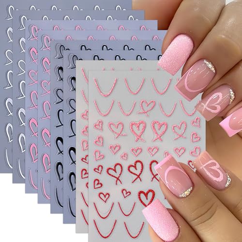 8Pcs Valentines Nail Art Stickers Hollow Hearts Nail Decals 3D Self Adhesive Black White Pink Peach Heart Shaped Nail Design Valentine French Sticker for Women Valentine Holiday Nail Decoration