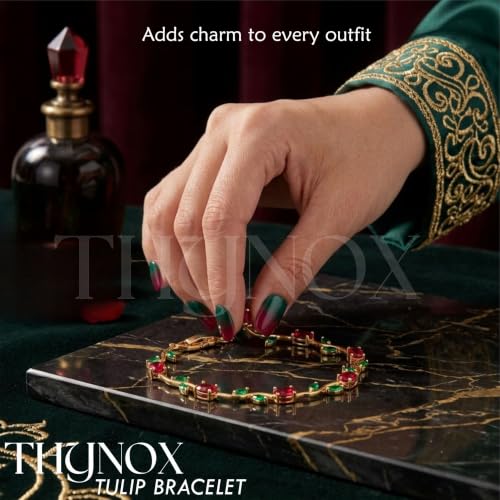 Image of THYNOX Tulip Bracelet for Women Stylish | Gold Plated Crystal Floral Jewellery | Adjustable Chain Wrist for Women & Girls Stylish | Elegant Tulip Bracelet for Women, Party & Daily Wear Accessory