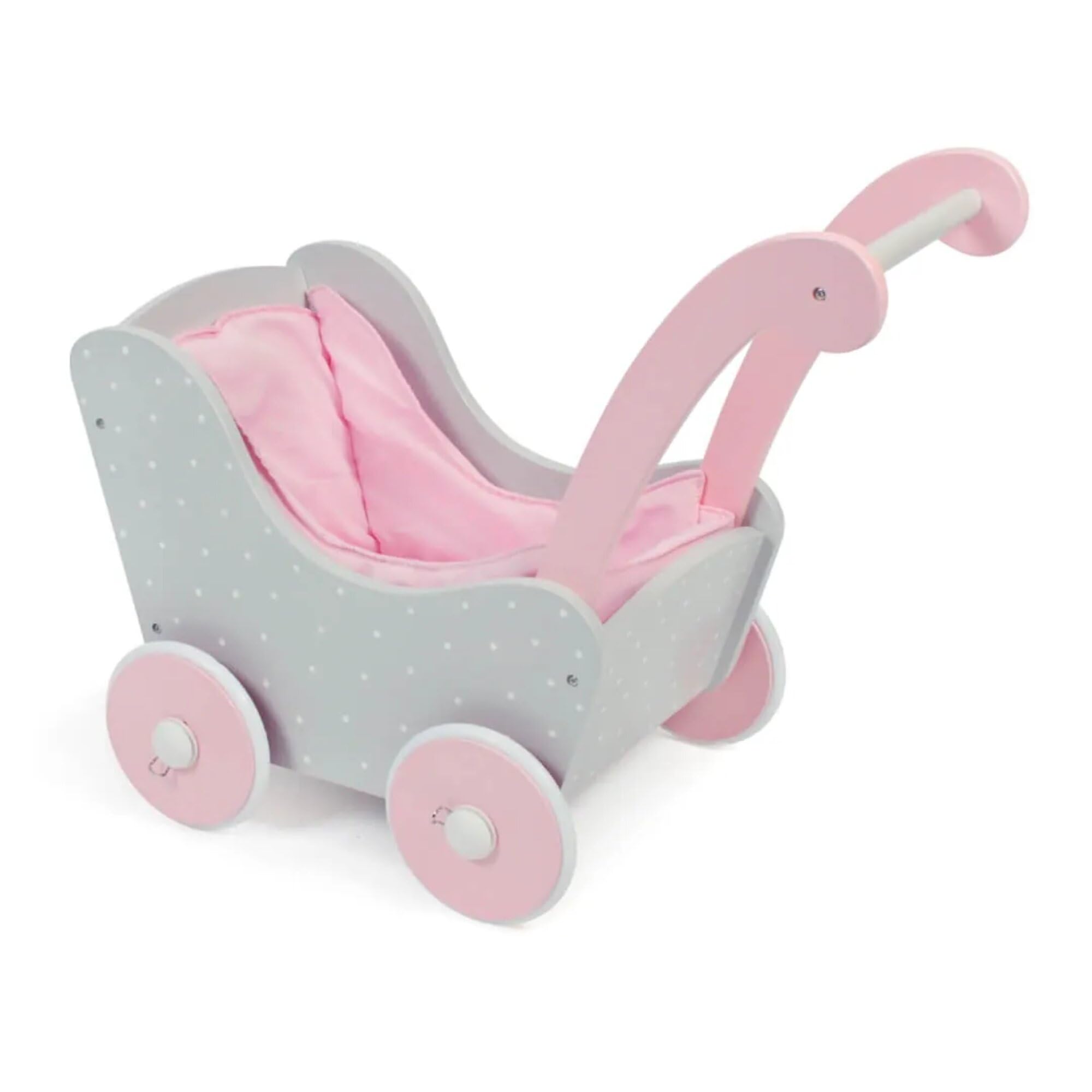 Holzpuppenwagen für Baby-Puppen bis 54 cm, Puppenwagen aus Holz, Schiebehöhe 43 cm, Puntos Grey