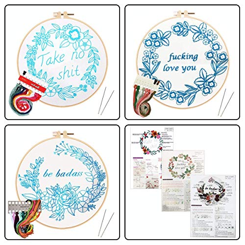 Image of Louise Maelys Embroidery Starter Kit with 3 Hoops for Adults Funny Floral Wreath Pattern for Beginners Needlepoint Kits