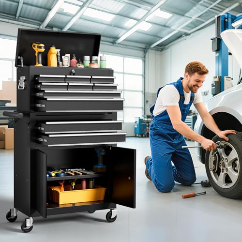 LegacyAmerhome 10-Drawer Rolling Tool Chest with Wheels, 2 in 1 Lockable Tool Box with Drawers, High-Capacity Mechanic Tool Organizer, Adjustable Shelf & Detachable Top Cabinet for Workshop Garage
