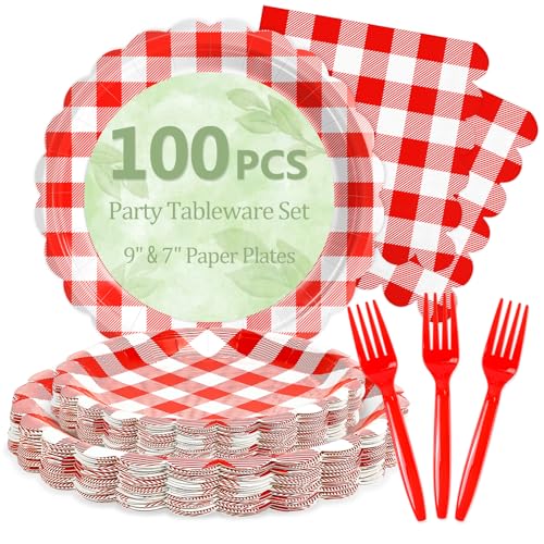 Image of 100 Pcs Red Gingham Paper Plates Disposable Set for Picnic, 25-9 inch&25-7 inch