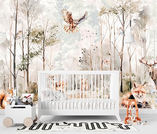 Papel Pintado Infantil Bosque Animales, Fotomurales Pared Tejido, bosque para habitación infantil, árboles, decoración de paredes, papel pintado de acuarela personalizado papel pintado de niños