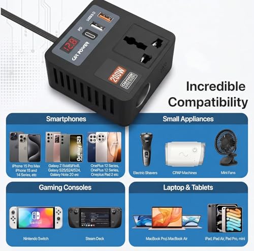 Image of 200W Car Power Inverter with 2 USB Ports (18W & 15W QC3.0), 1 USB-C 30W PD, and 2 AC Universal Outlets | 12V DC to 220V AC Converter for Laptop, Phone, and Electronics Charging