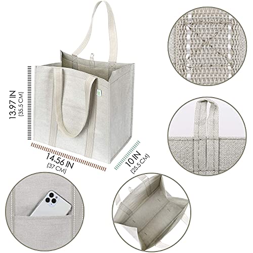 Veno 4 Pack Reusable Grocery Shopping Bag W/Hard Bottom, Foldable, Multi-Purpose Heavy-Duty Tote, Daily Utility Bag, Stands Upright, Sustainable (Set Of 4 - Beige) #TOP5