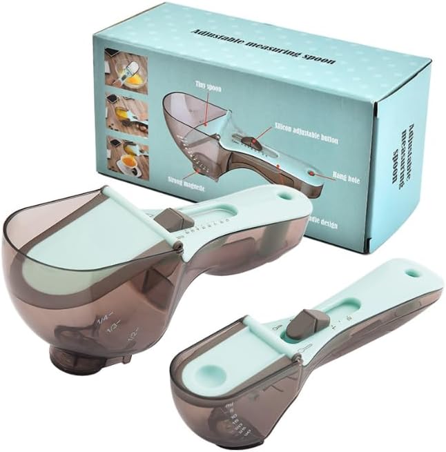 YUEWO 2 PCS Adjustable Measuring Cups/Spoons Set with Scale Markings for Dry and Liquid Ingredient for Cooking and Baking, Spices, Teaspoons