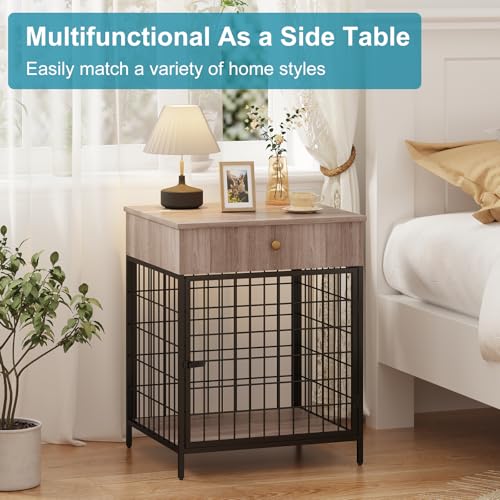 Decorative Grey Steel-Tube Dog Kennel Table with Drawer, Chew-Proof Indoor Pet Crate End Table for Small Dogs - Image 3
