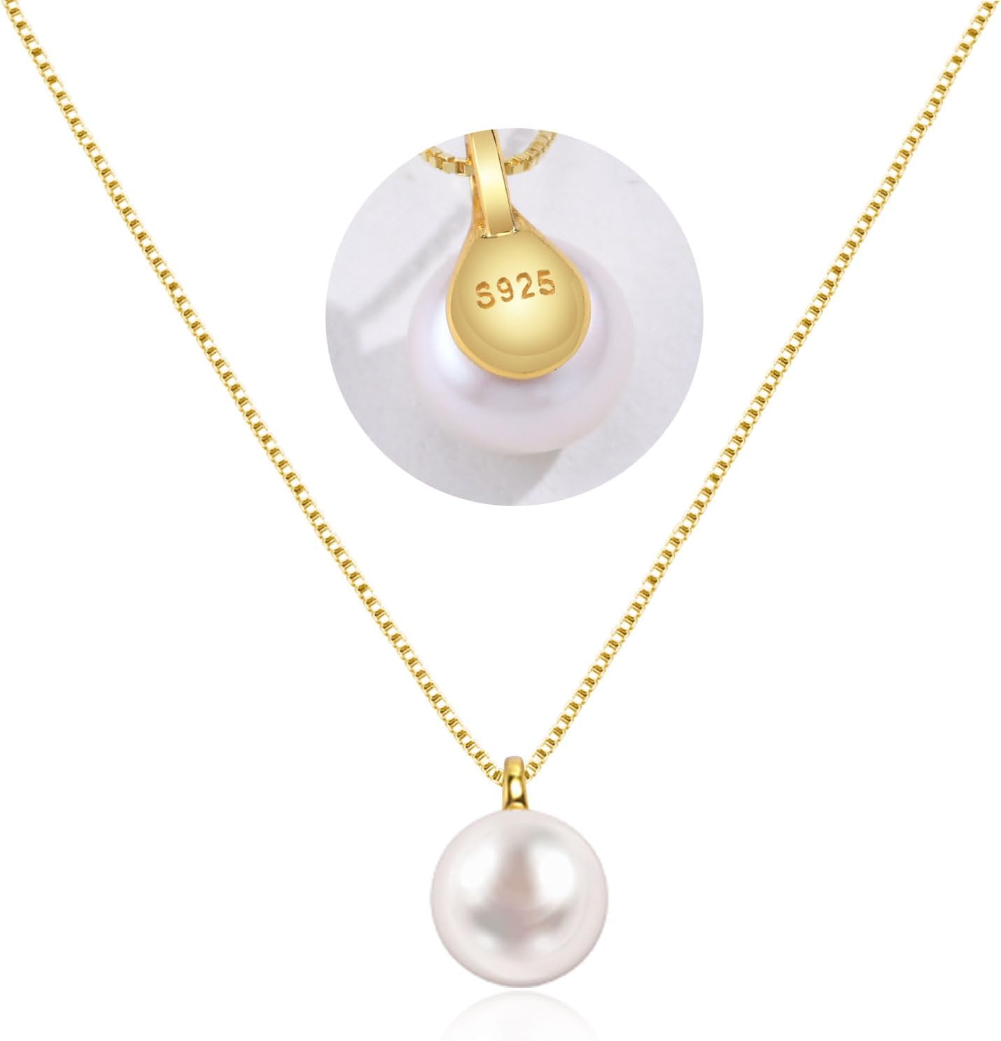 Freshwater Pearl Necklace for Women, S925 Sterling Silver Pearl Pendant Necklace Jewelry Gift, Mother Day Birthday Wedding Valentines Christmas Party 18K Dainty Single White Pearl Choker Necklaces for Mom Friends Grandma Daughter