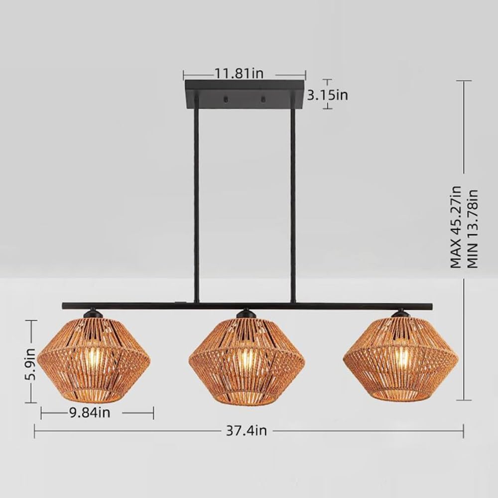 Rattanowa Lampa Wisząca Vintage Boho Lampa Sufitowa 3 Płomienie E27 Lampa Stołowa Do Jadalni Pleciony Abażur Rustykalna Żyrandol Do Jadalni Kuchnia Sypialnia Salon Przedpokój