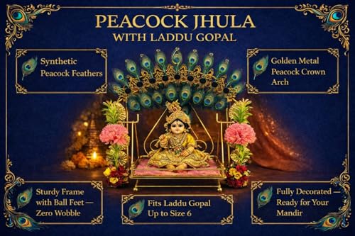 Image of AGAAS ENTERPRISES Laddu Gopal Jhula with Peacock Feather Crown - Handcrafted Metal Krishna Swing with Golden Peacock Arch & Mor Pankh for Janmashtami, Bal Gopal Palna for Home Mandir (Golden, 12 Inch)