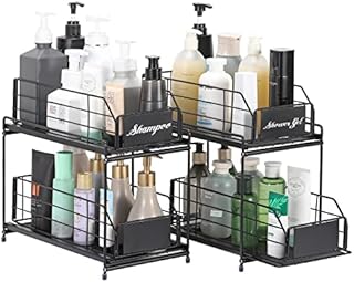Nandae Set of 2 Cupboard Organizer with 2 Tier Sliding Storage Drawer , Stackable Cabinet Organizer for Under The Sink, Space Saving Solution in Kitchens,Bathrooms,Living Rooms,Bedrooms-2 Pack Black