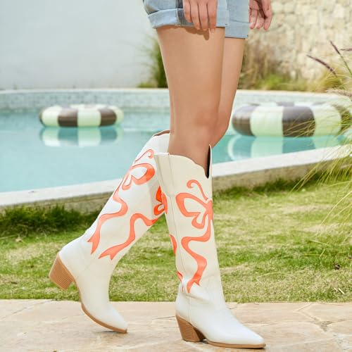 Cowgirl Boots - Womens Cowboy Boots with Colorful Bows Embroidered Western White Knee-High Boots Fashion Pull On Almond Toe Chunky Heel Country Tall Boots2