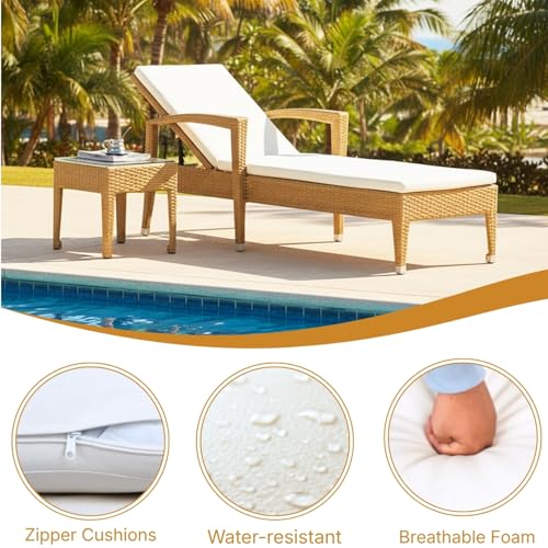Image of DEVOKO Outdoor Patio Chaise Lounge Chair with Water Resistant Cushions and Matching Table with Glass Top for Garden, Pool, Beach, Yard, Deck (Beige & White)