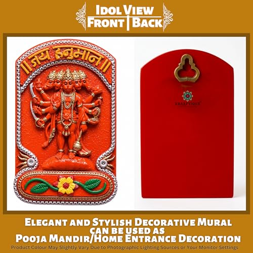 Image of Sindoori Panchmukhi Hanuman Wall Hanging Idol for Home Decor | Marble Dust Hanuman Ji Murti for Pooja Room Temple Entrance Vastu Gift | Orange Glossy Finish