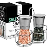 Salt & Pepper Grinder Set of 2 - 5 Oz Glass Sea Salt and Spice Shakers with BONUS Stand - Adjustable Coarseness Mills – Easy To Clean - Stainless Steel & Ceramic Rotor - BPA Free
