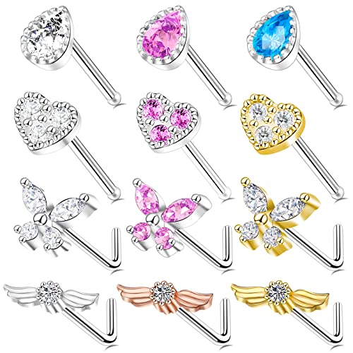 Stondino 12Pcs Nose Rings for Women Butterfly Nose Rings Studs L Shaped Nose Rings 20G Heart Nose Rings Hoop Nose Pins Stainless Steel Nose Studs Nose Piercing Jewelry Cute Nose Rings for Women
