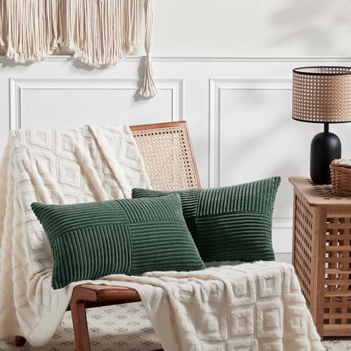 Image of Fancy Homi Set of 2 Dark Green Long Lumbar Decorative Throw Pillow Covers 16x24 Inch for Living Room Couch Bed, Boho Farmhouse Forest Green Home Decor, Soft Corduroy Corss Textured Cushion Case