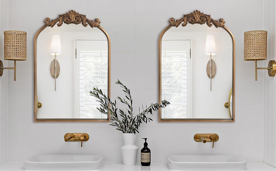 Miniatura 8 de WAMIRRO Espejo antiguo, espejo barroco adornado vintage tradicional dorado, espejo de latón arqueado, espejos montados en la pared para entrada,