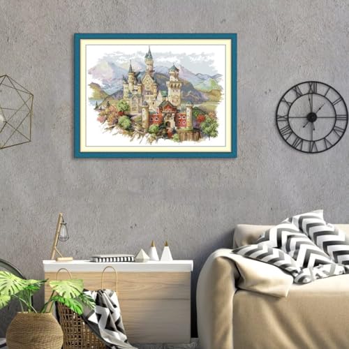Image of CROSSDECOR Stamped Cross Stitch Kits Full Range of DIY Needlepoint for Adult Beginners Pattern, for Gift and Home Decor 14CT 2 Strands Castles,19.69x14.96 inch